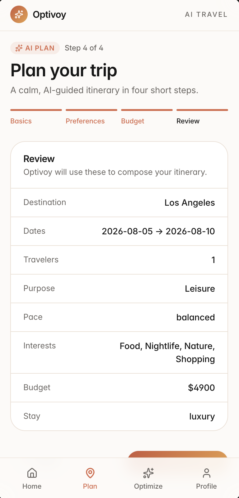 Plan step 4 of 4, Review: a table restating every input before generation